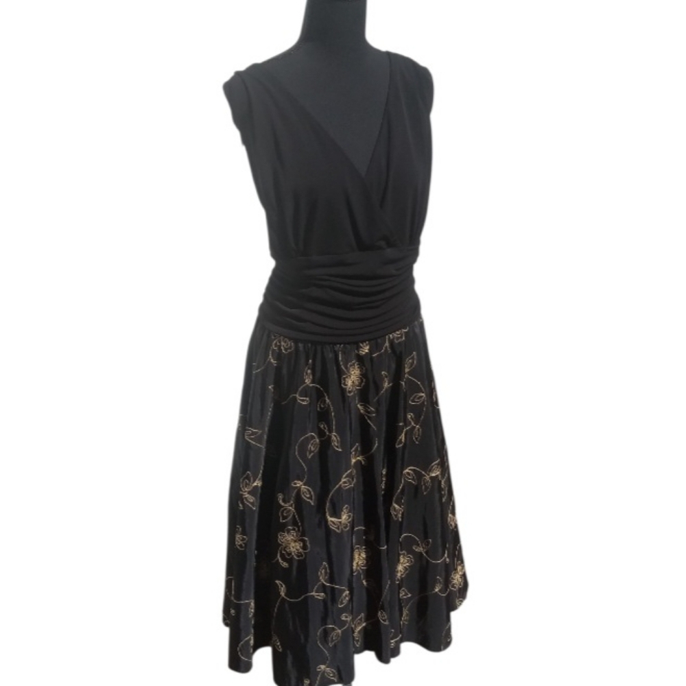 Black Dress SL Fashions Black Taffeta Size 22W Gold Embroidery